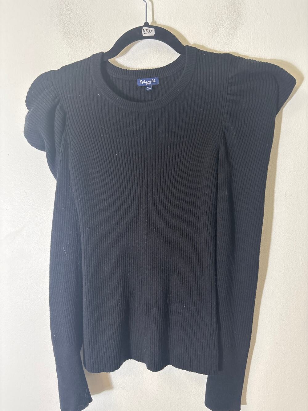 Splendid Black Ribbed Long Sleeve Knit Sweater with Puff Shoulders Sz S